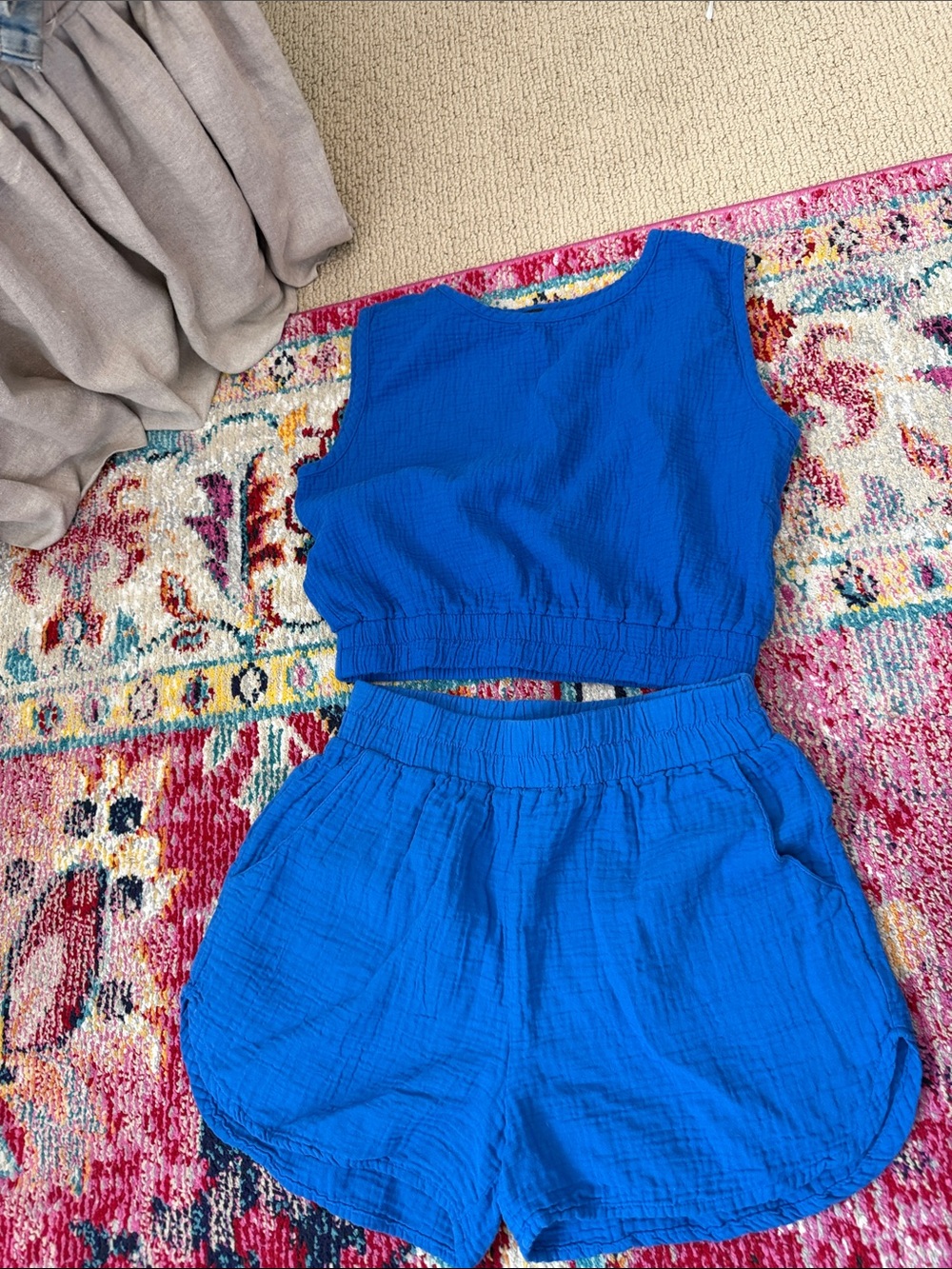 Bright Blue Two-Piece Cotton Set - Sleeveless Crop Top & Elastic Waist Shorts